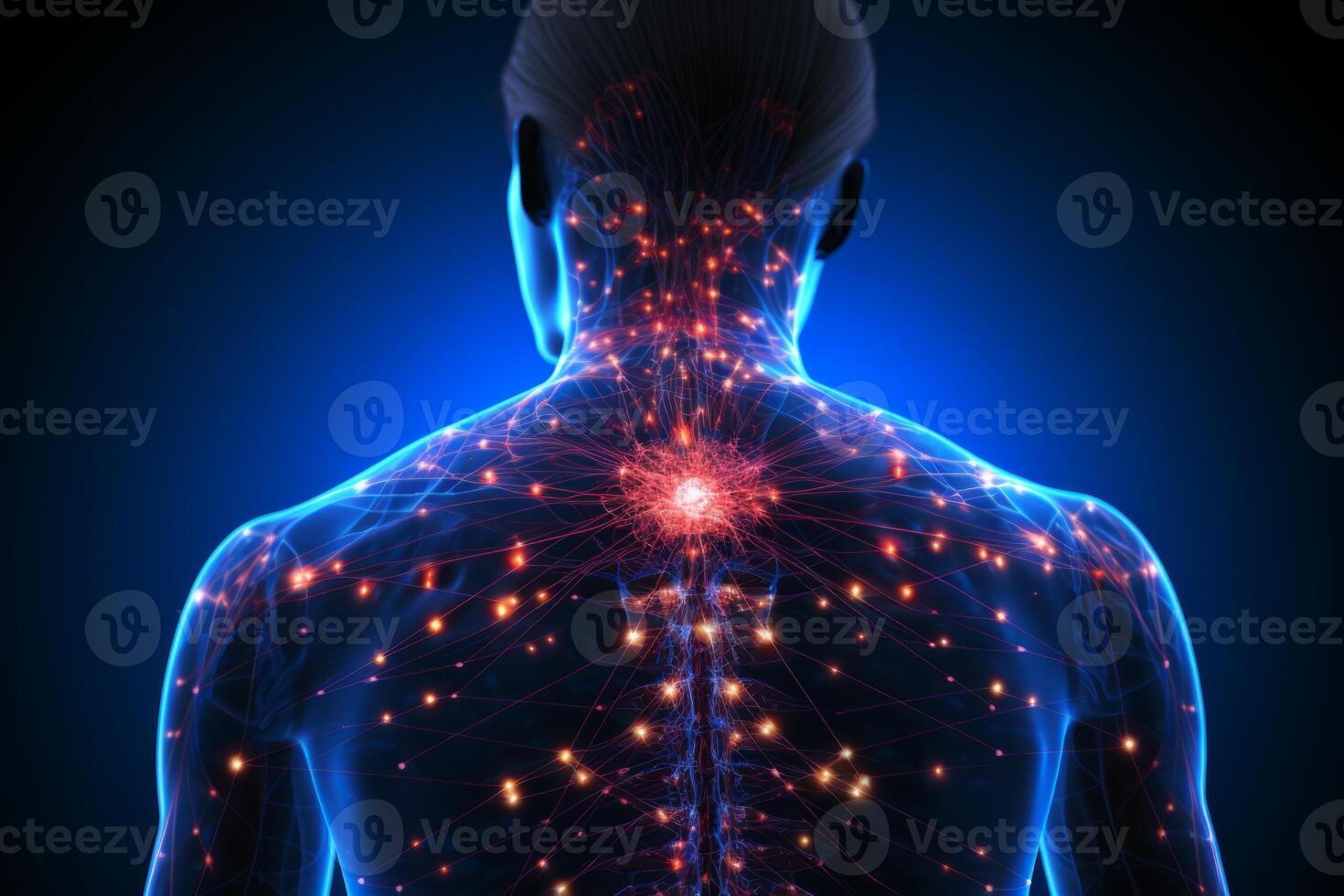 AI Generated Man body backbone vertebra diagnostic neural structures human organism shoulders posture pain illuminated 3d X-ray illness treat health pathology anatomy cervical connections bone joint photo