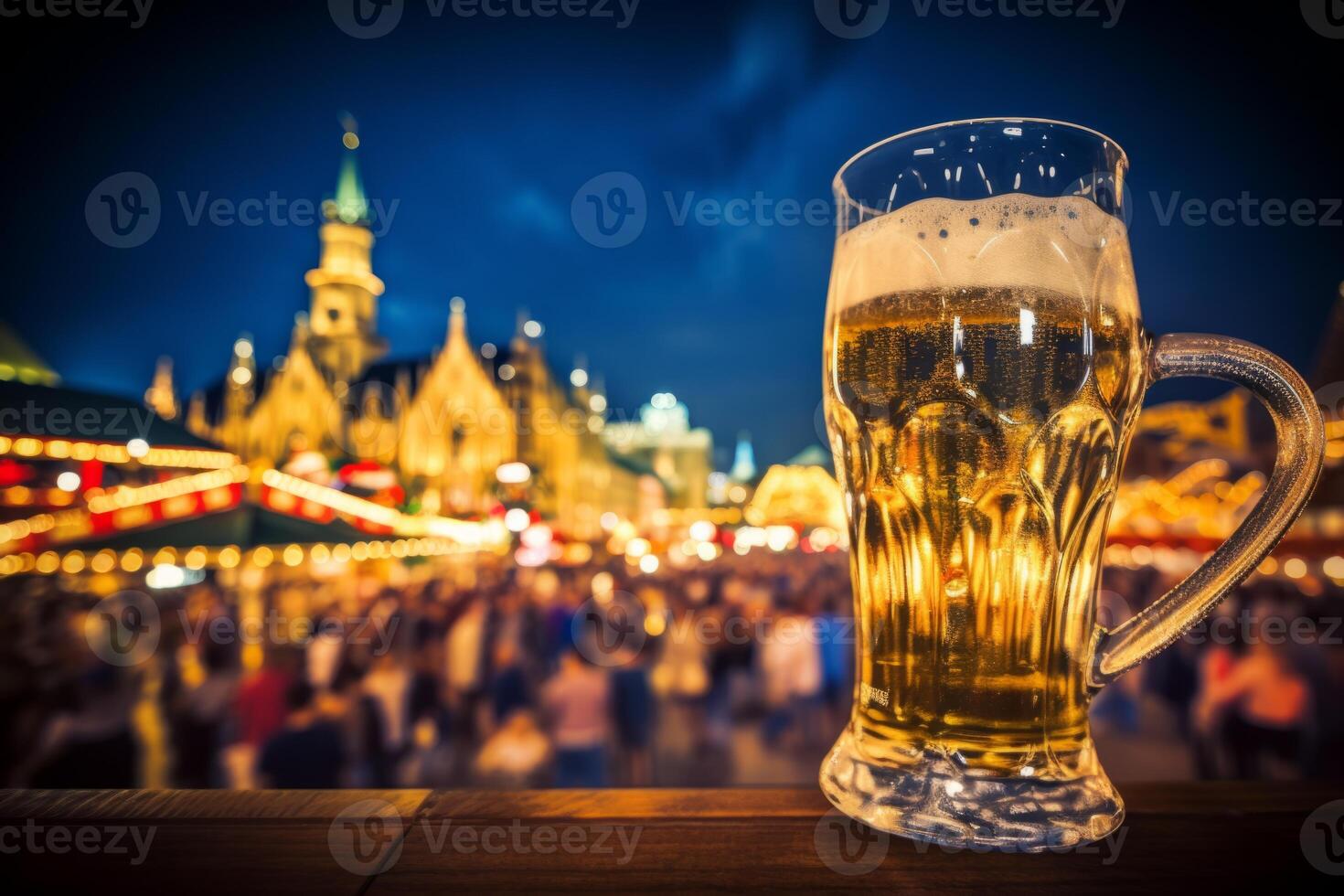 ai generado frío Fresco arte cerveza Oktoberfest Munich brillantez delicioso sin embotellar espuma jarra vaso barrilete cerveza de madera mesa bar pub. cervecería alcohol no alcohólico bebida fiesta degustación fiesta foto