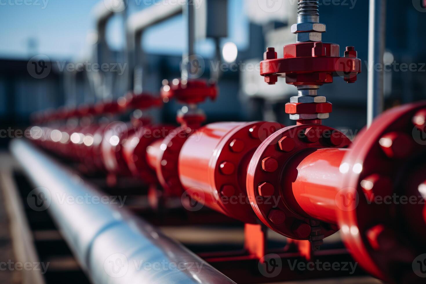 AI Generated Close up steel pipes natural gas concrete supports supplying propane factory tanks valves. Production energy resources economy pipeline oil industry drainage system water transport photo