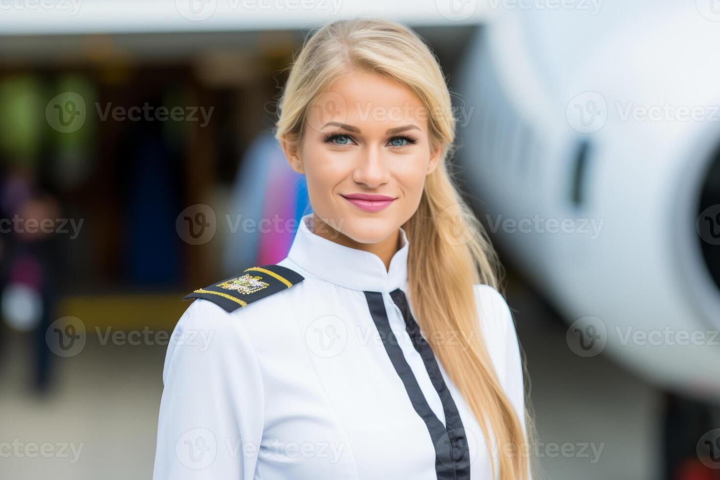 ai generado retrato sonriente alegre confidente joven europeo rubia hembra mujer piloto en pie uniforme avión. viaje transporte avión volador aerolínea profesional aeronave capitán trabajando foto