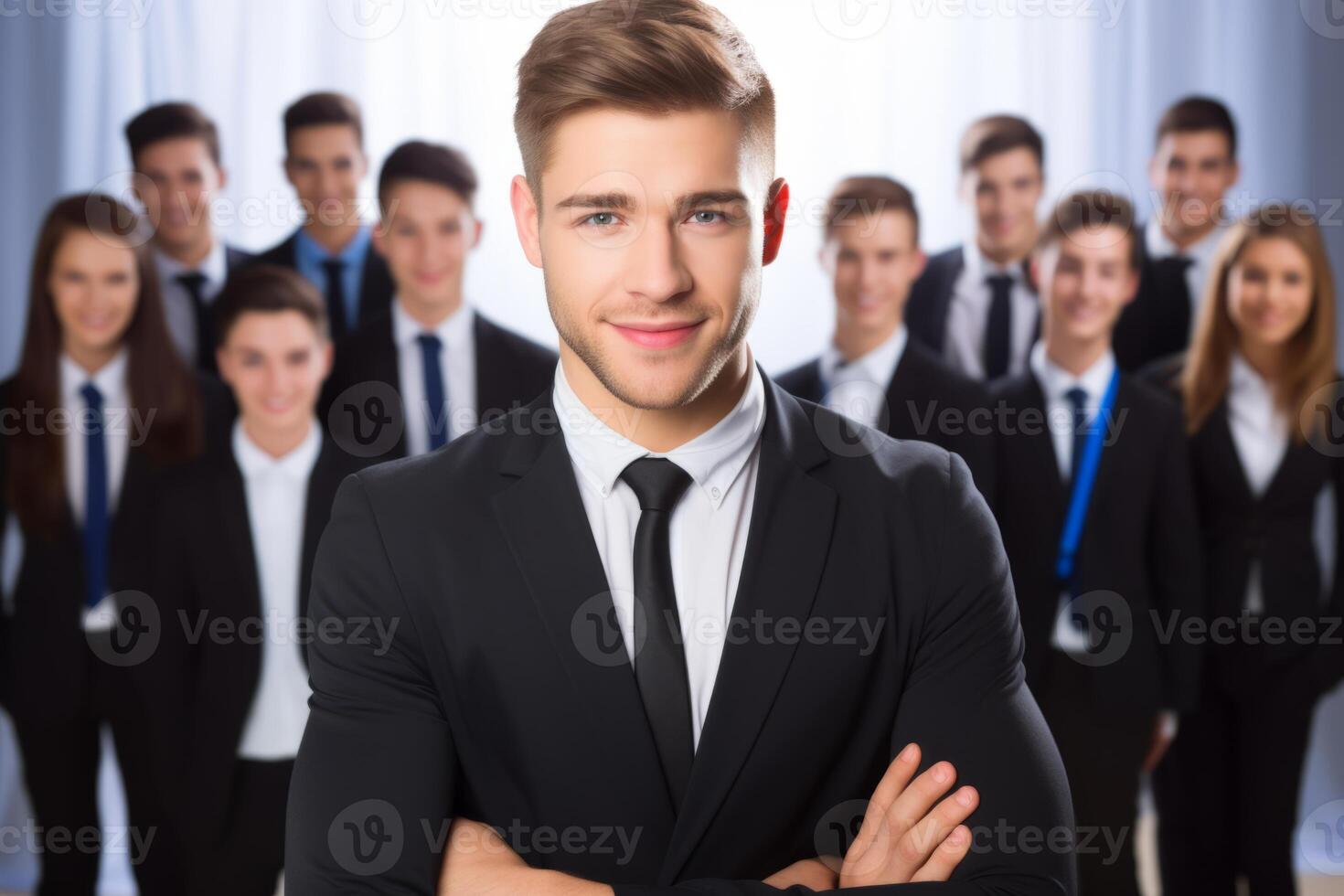 AI Generated Smiling guy man young businessman business entrepreneur office employee CEO company manager startup employer specialist finance. Group talented team enterprising university students photo