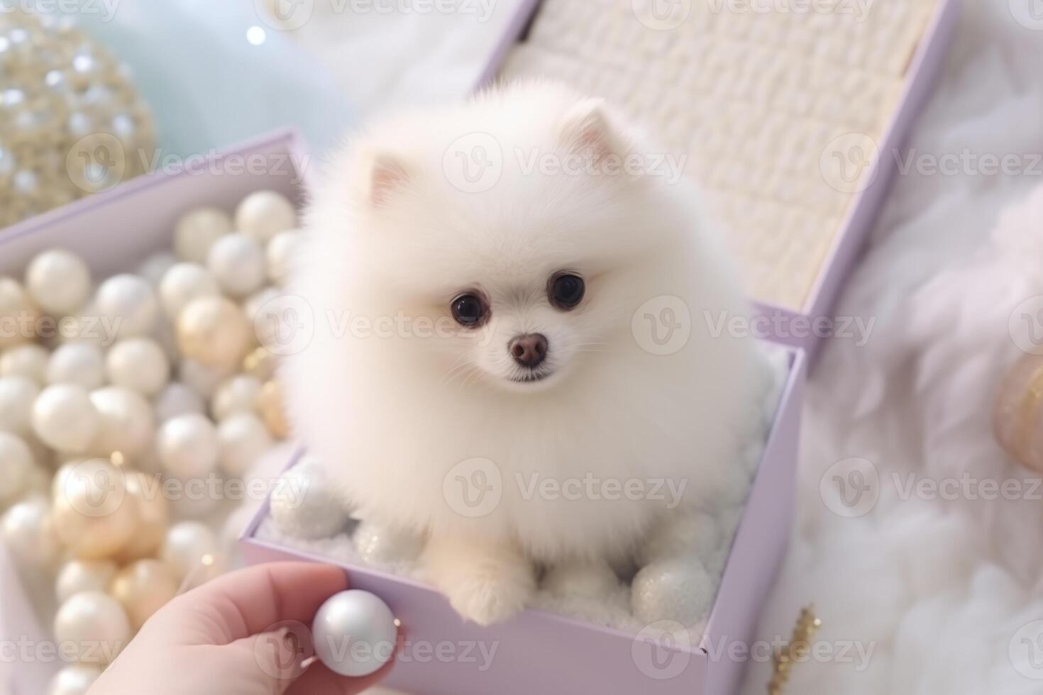 AI Generated Close up portrait cute little charming fluffy white Pomeranian Spitz puppy pup doggy dog pet sitting festive box gift present Christmas decorations group tree balls Xmas eve New Year photo