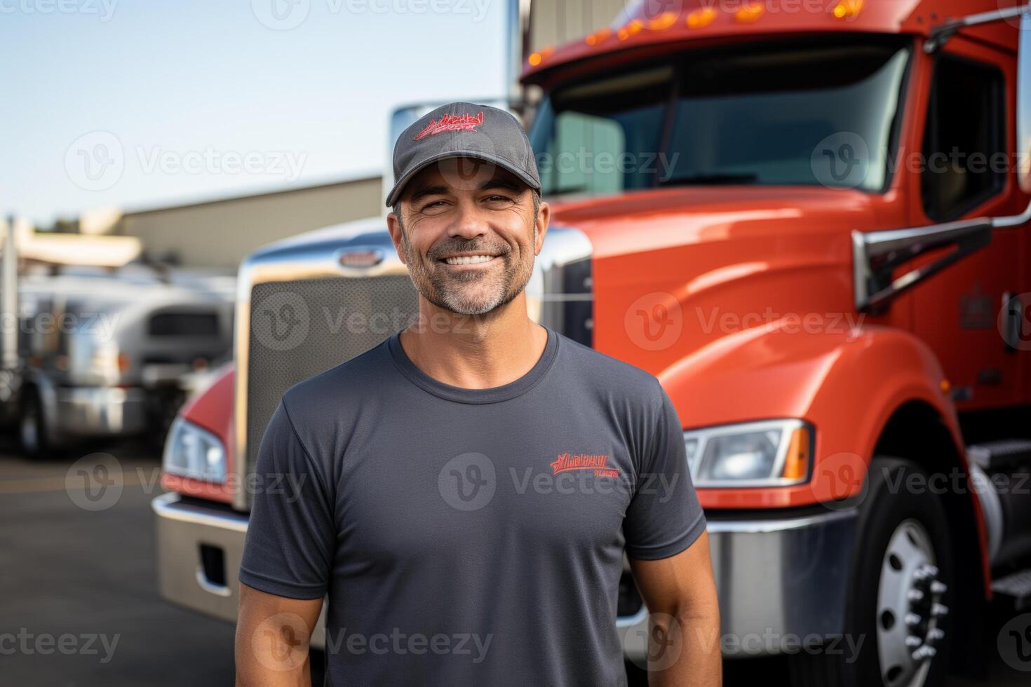 AI Generated Logistic center cargo trucks transportation shipping lorry delivery freight road. Portrait man driver driving truck car ready travel. Carrier warehouse storage vehicle load shipment photo