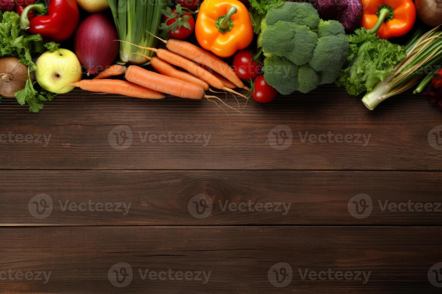 AI Generated Many different various fresh raw vegetables on rustic wooden table background copy space healthy balanced food concept vegetarian vegan nutrition dieting vitamin healthcare harvesting photo