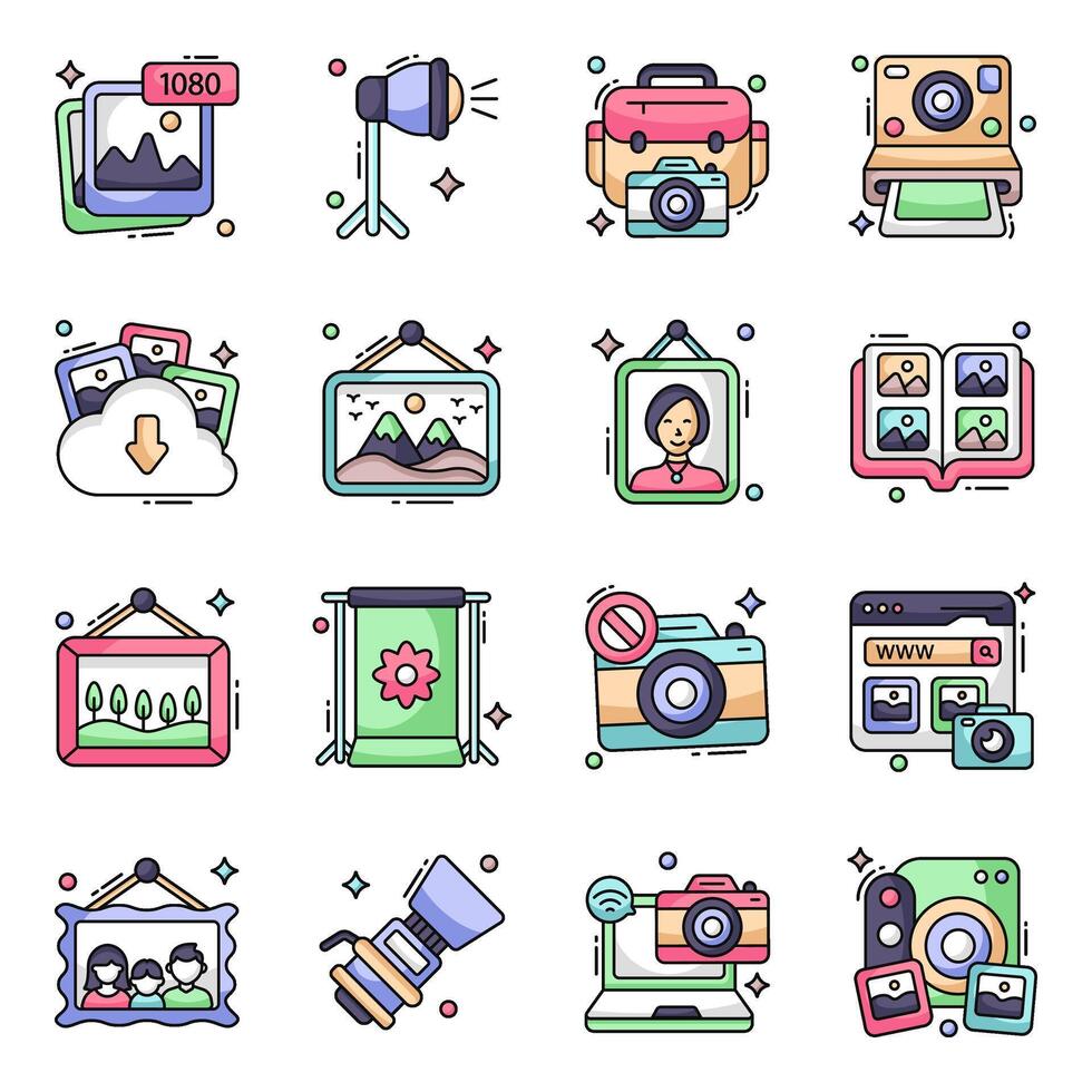 Pack of Photographic Instrument Flat Icons vector