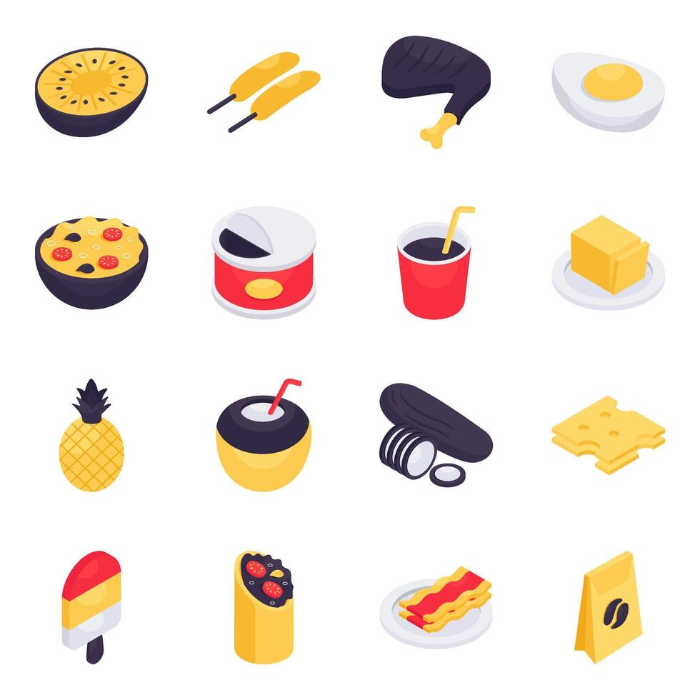 Set of Food and Snacks Isometric Icons vector