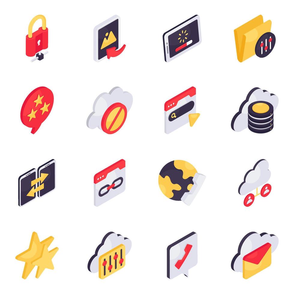 Set of Network and Media Isometric Icons vector