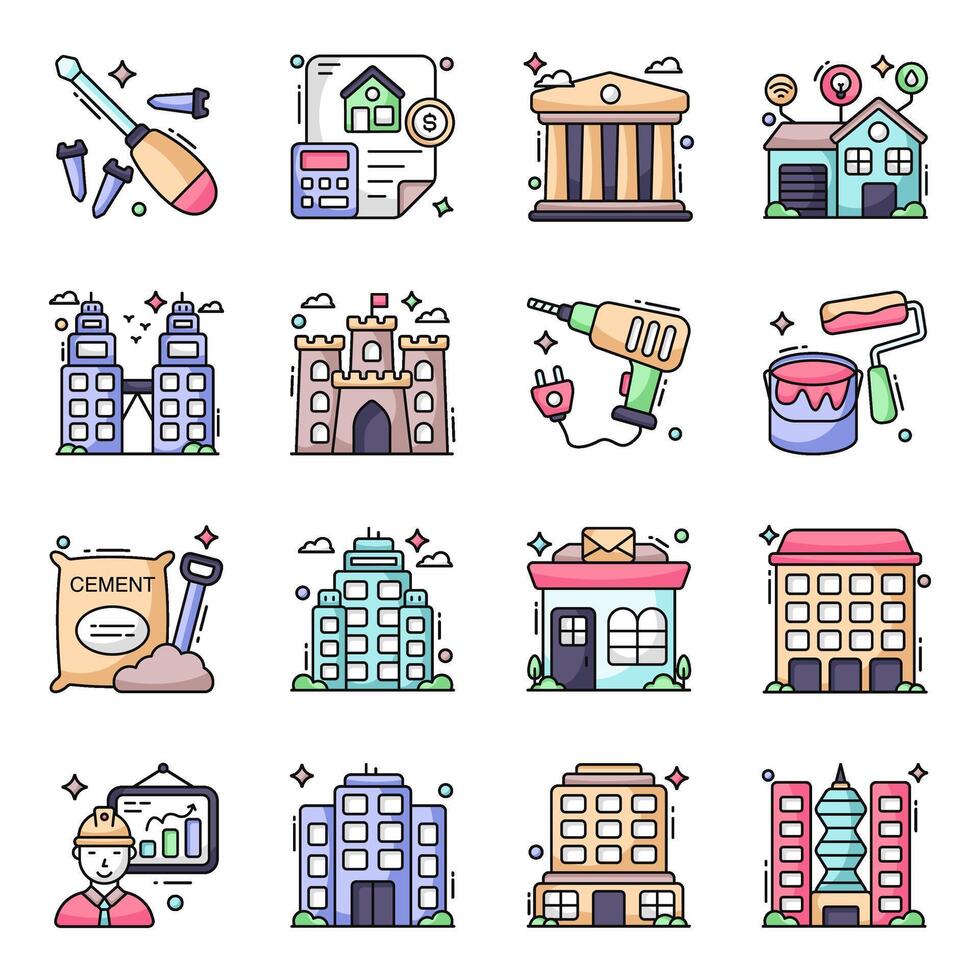 Pack of Building and Structure Flat Icons vector