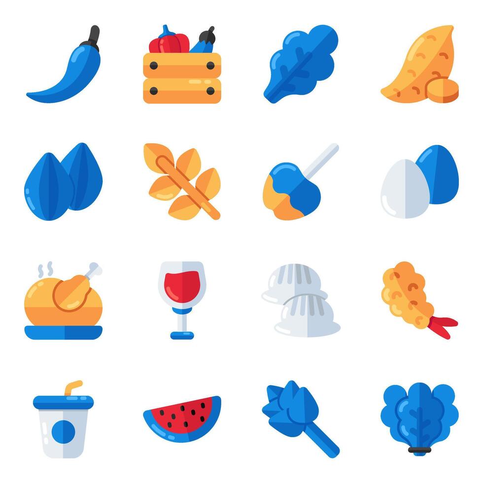 Set of Fruits and Veggies Flat Icons vector