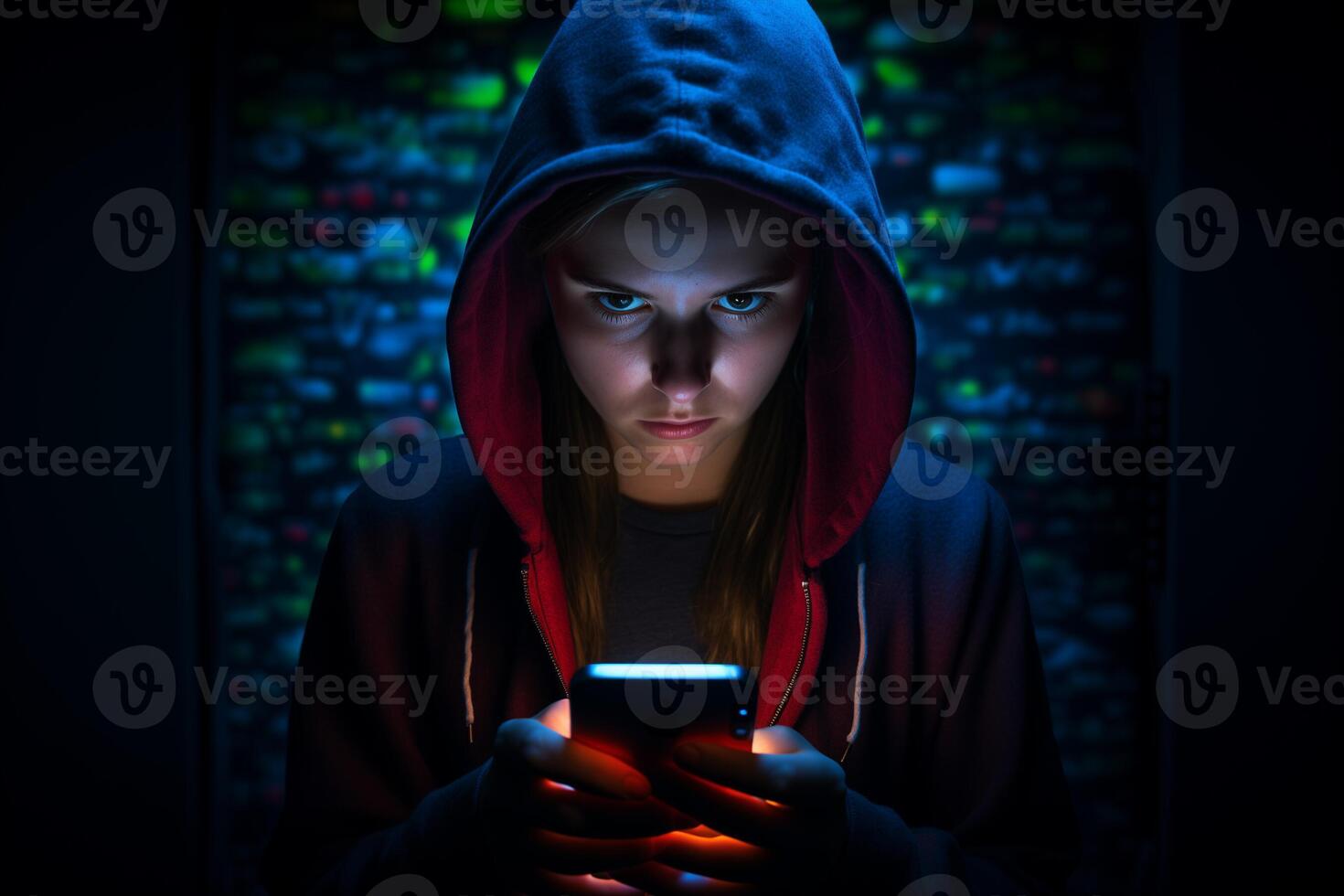 AI generated female hacker hacking from phone with generative ai photo