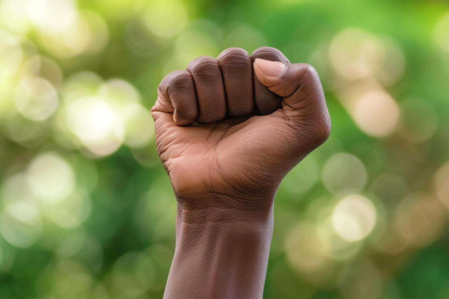 AI generated black skin hand raised fist bokeh style background with generative ai photo