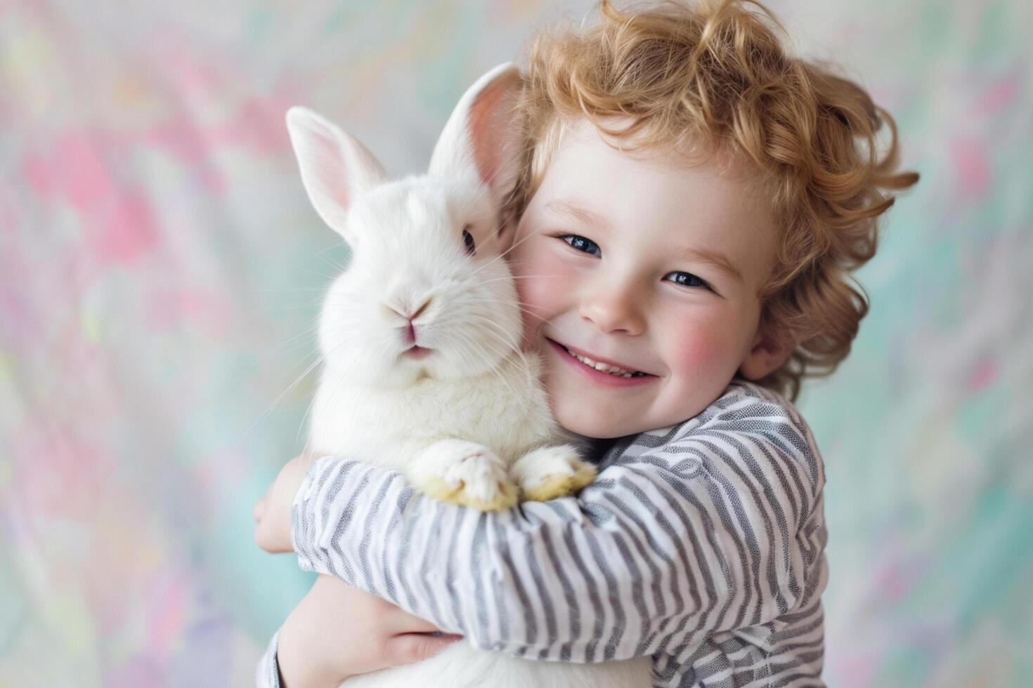 AI generated young boy kid cuddling a cute bunny with generative ai photo