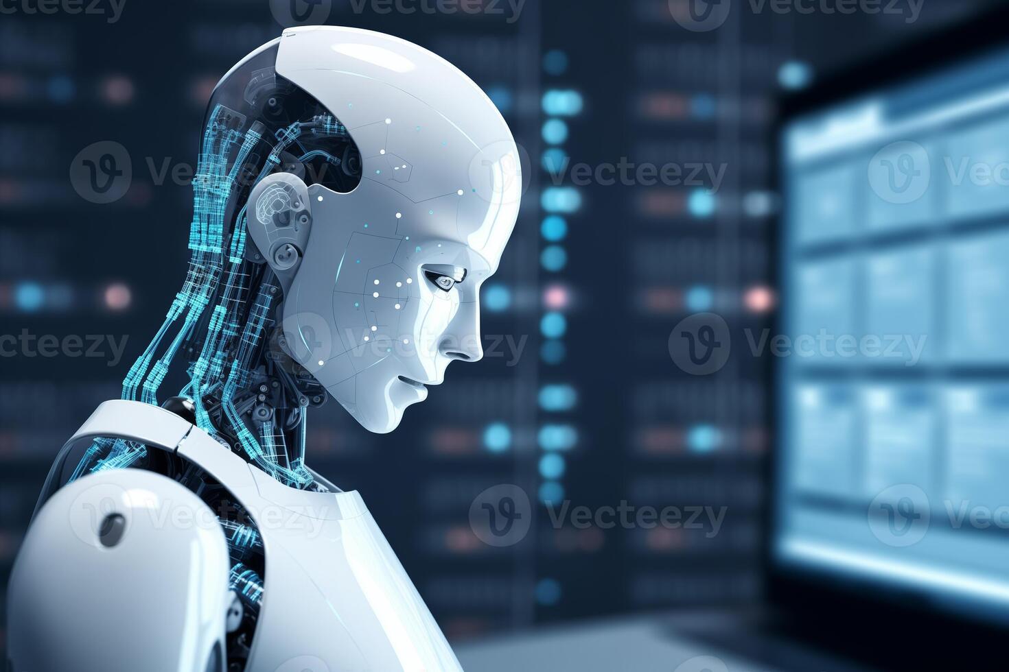 AI generated robot looking at the screen bokeh style background with generative ai photo