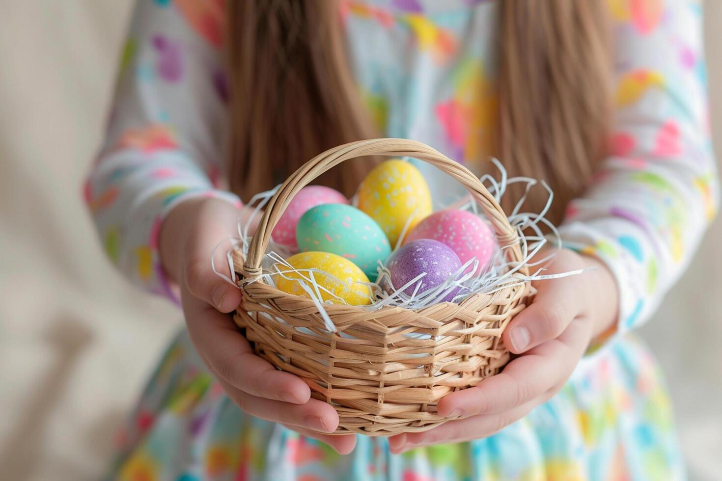 ai generado joven niña mano participación vistoso pastel Pascua de Resurrección huevos cesta con generativo ai foto