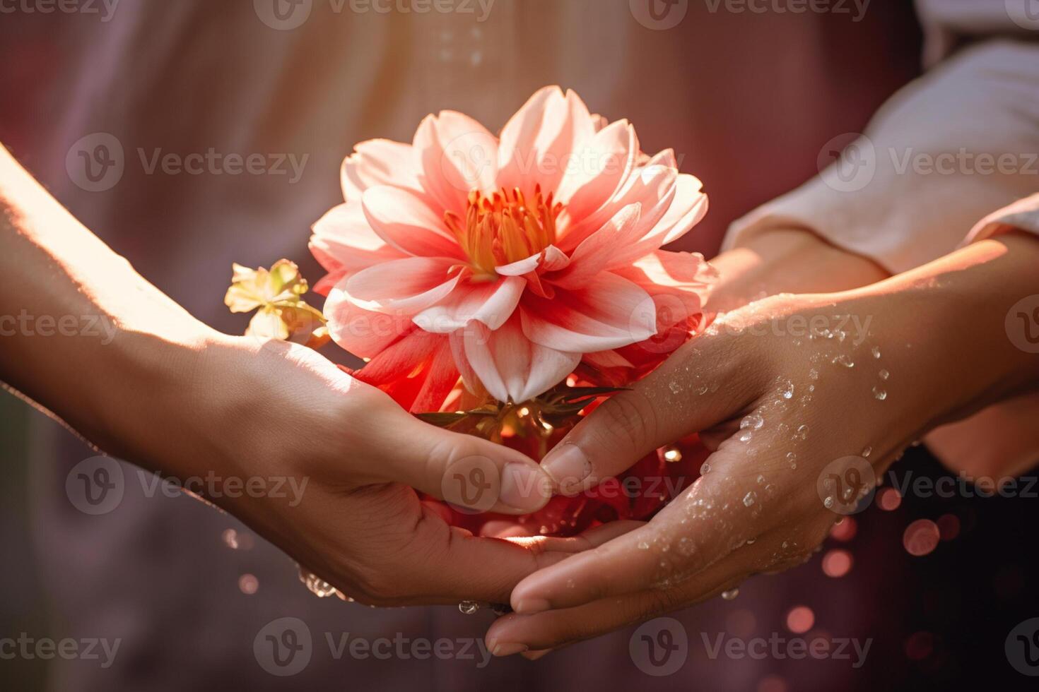 AI generated hands holding flower together with generative ai photo