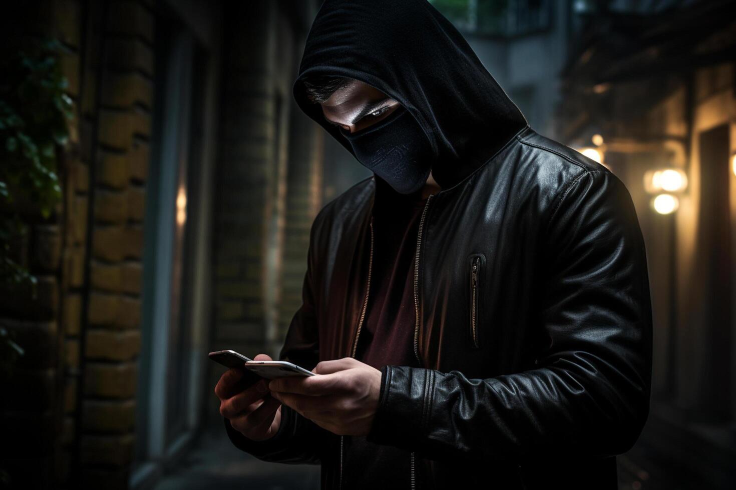 AI generated hacker hacking the phone systems bokeh style background with generative ai photo