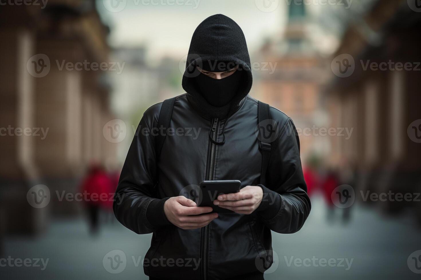 AI generated hacker hacking the phone systems bokeh style background with generative ai photo