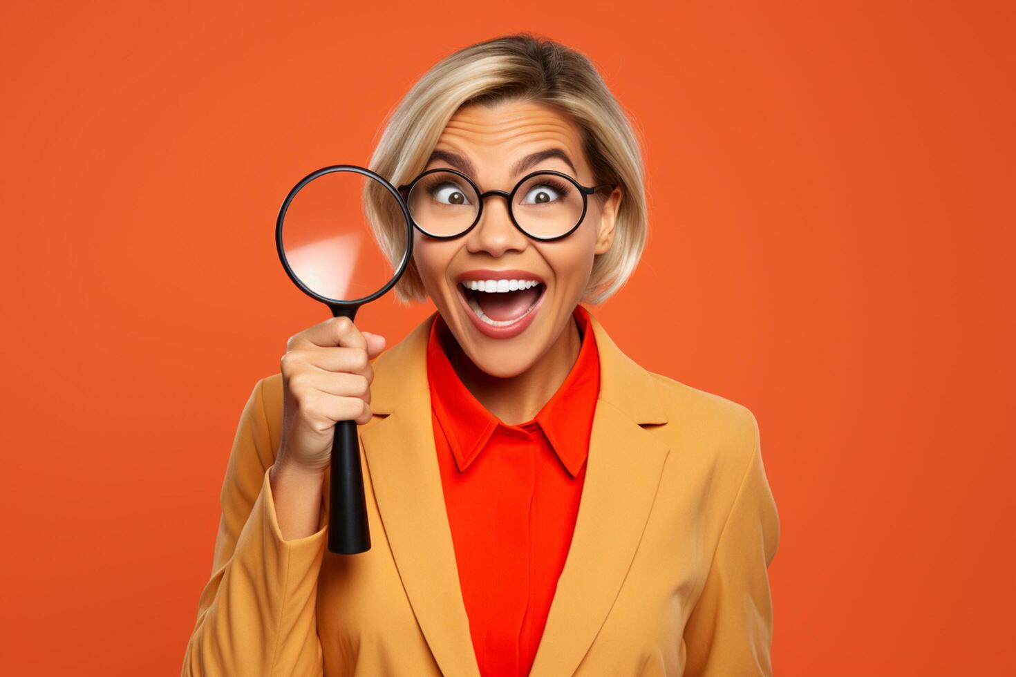 AI generated businesswoman holding a magnifying with generative ai photo