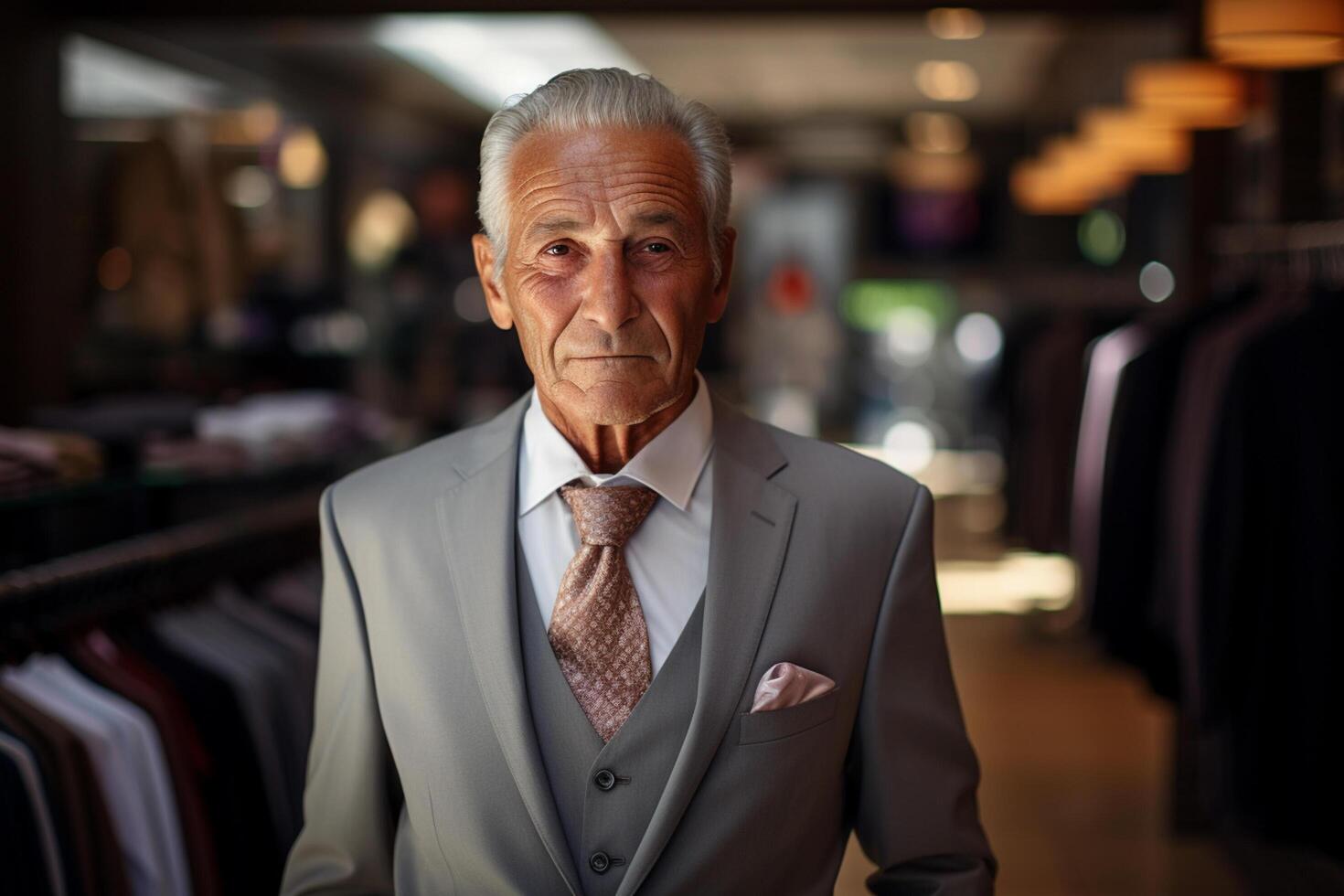 AI generated elderly entrepreneur standing in suit shop bokeh style background with generative ai photo