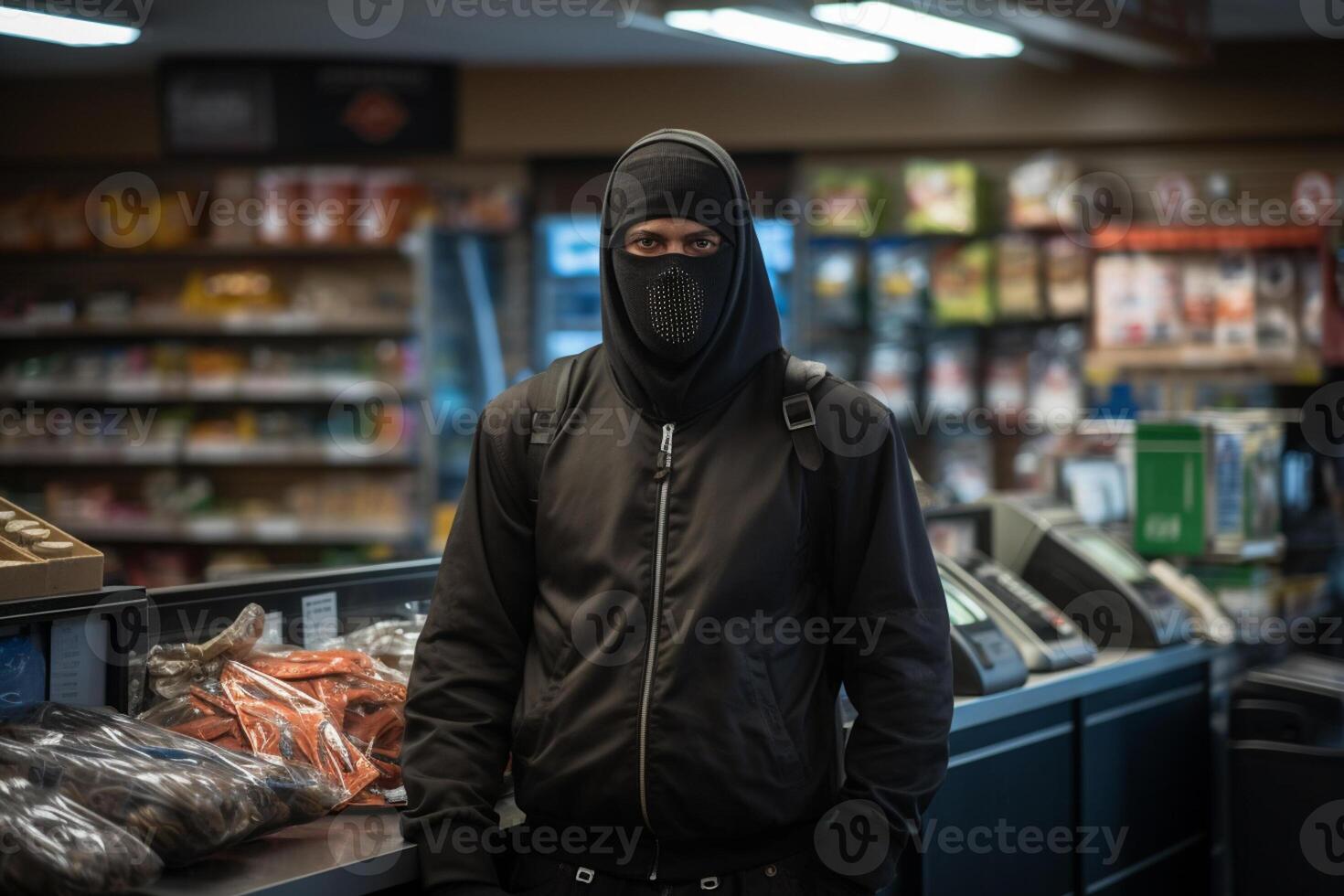 AI generated Thief robbing supermarket bokeh style background with generative ai photo