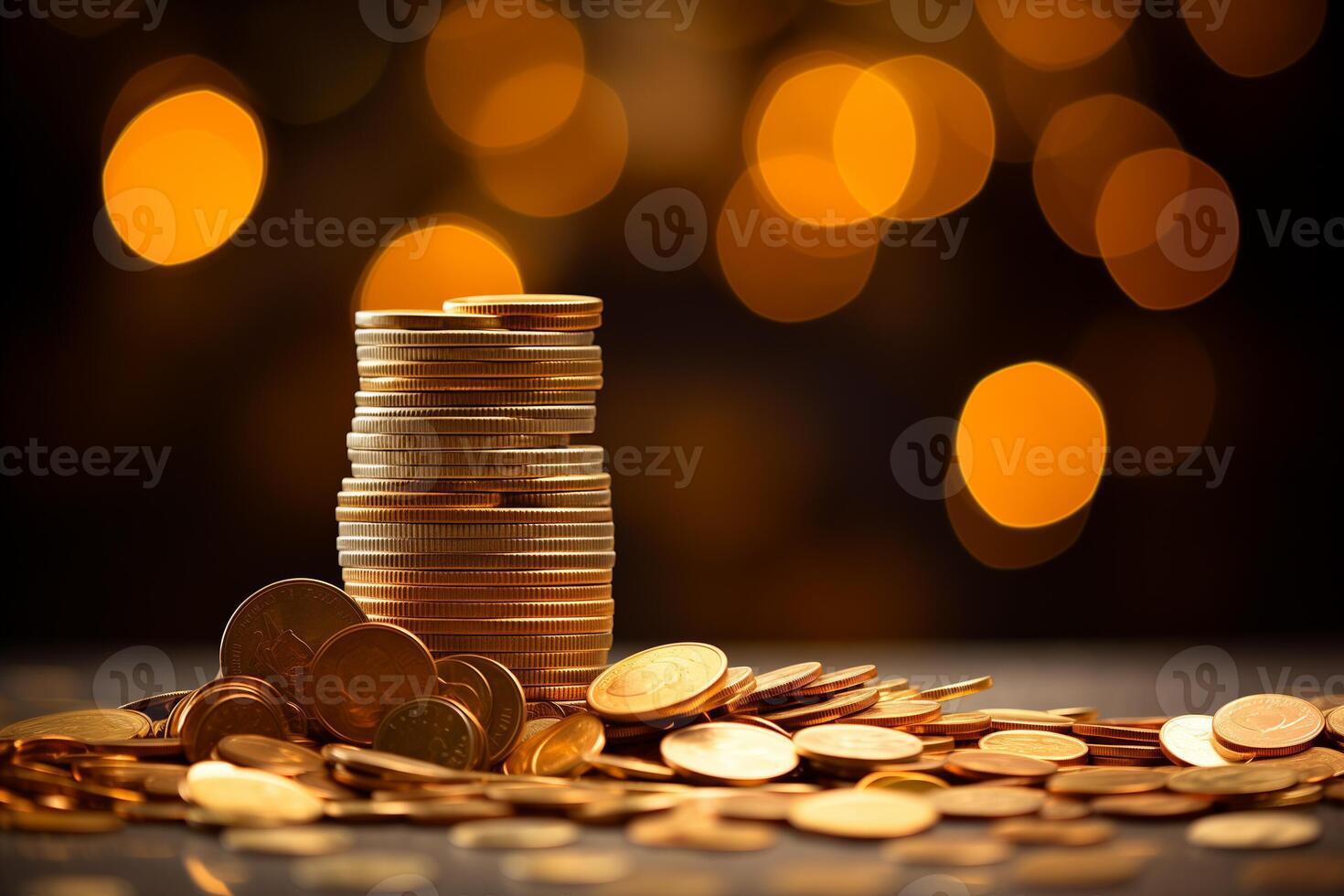 AI generated pile of gold coins bokeh style background with generative ai photo