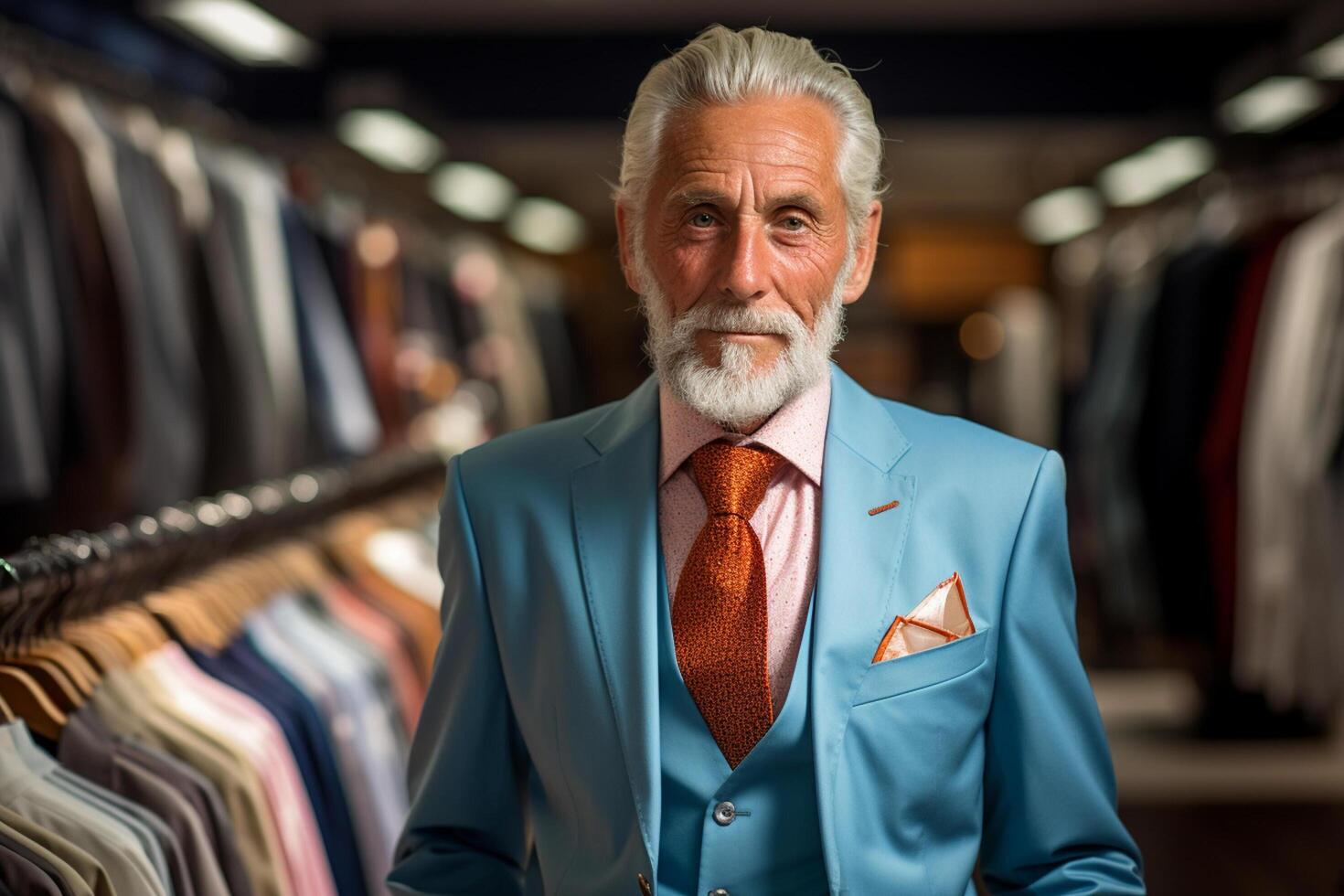 AI generated elderly entrepreneur standing in suit shop bokeh style background with generative ai photo