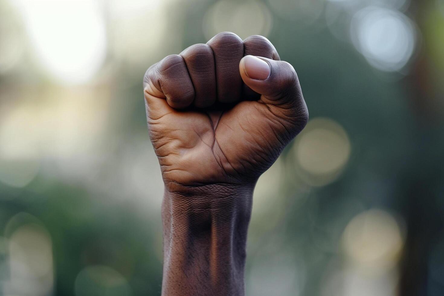 AI generated black skin hand raised fist bokeh style background with generative ai photo