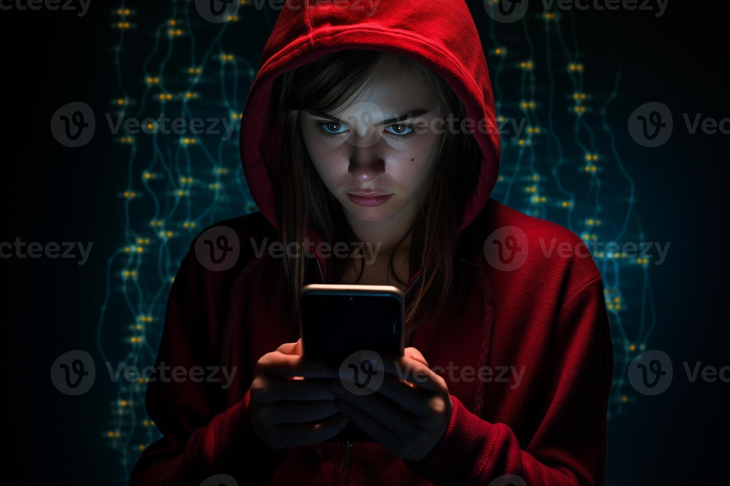 AI generated female hacker hacking from phone with generative ai photo
