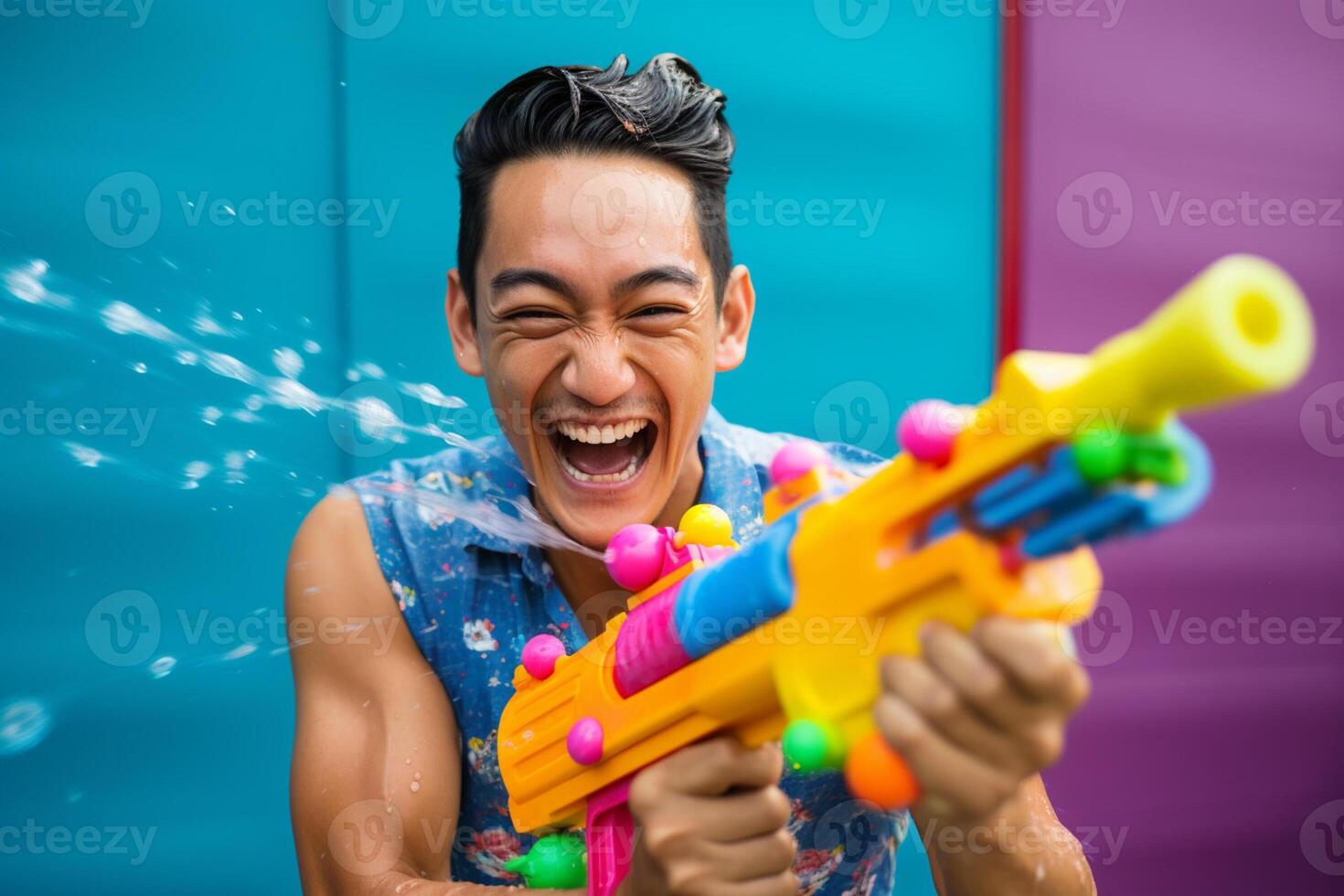 AI generated a man playing water gun at songkran day with generative ai photo