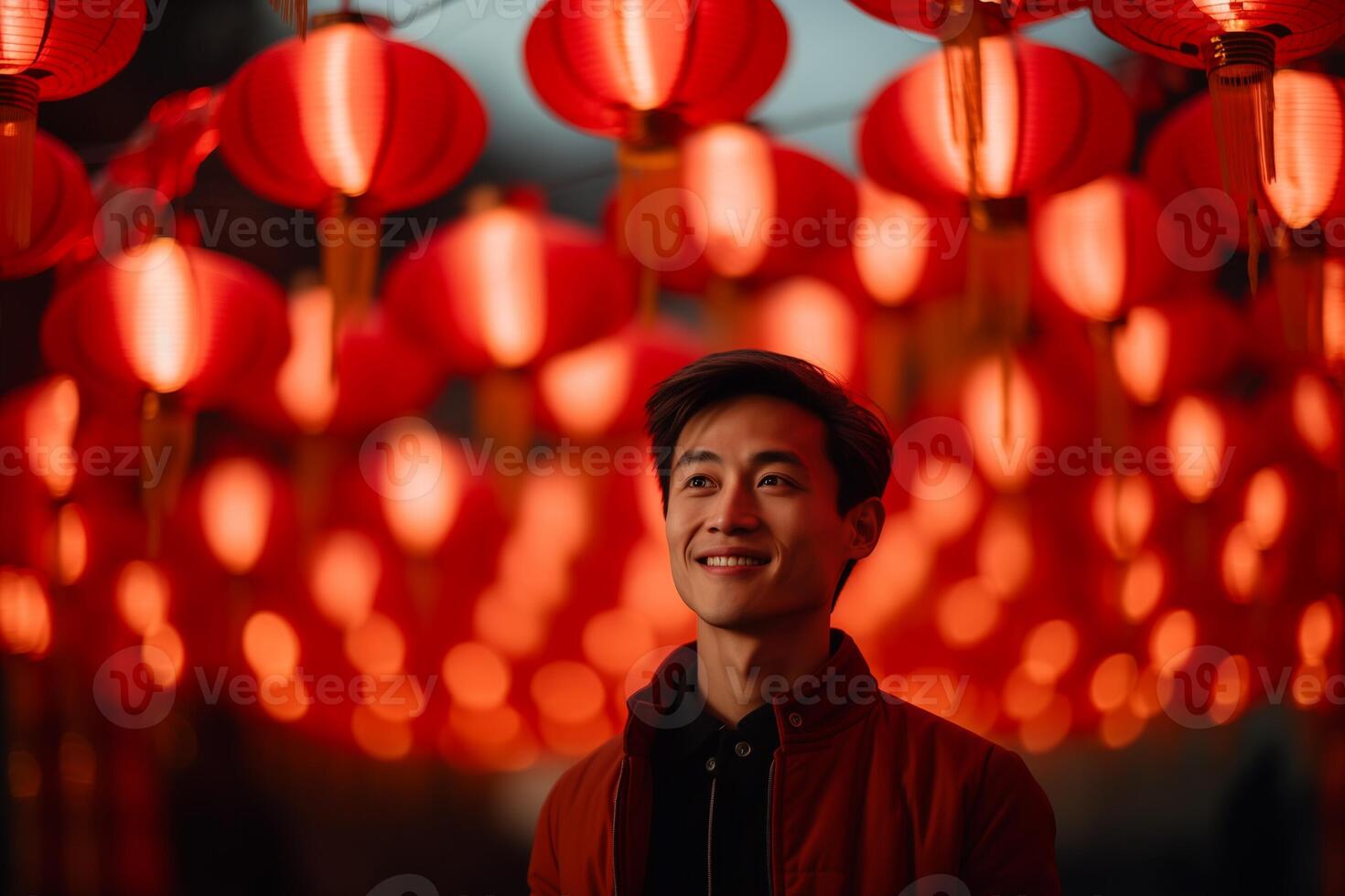 AI generated handsome chinese man celebrate at chinese lantern festival bokeh style background with generative ai photo