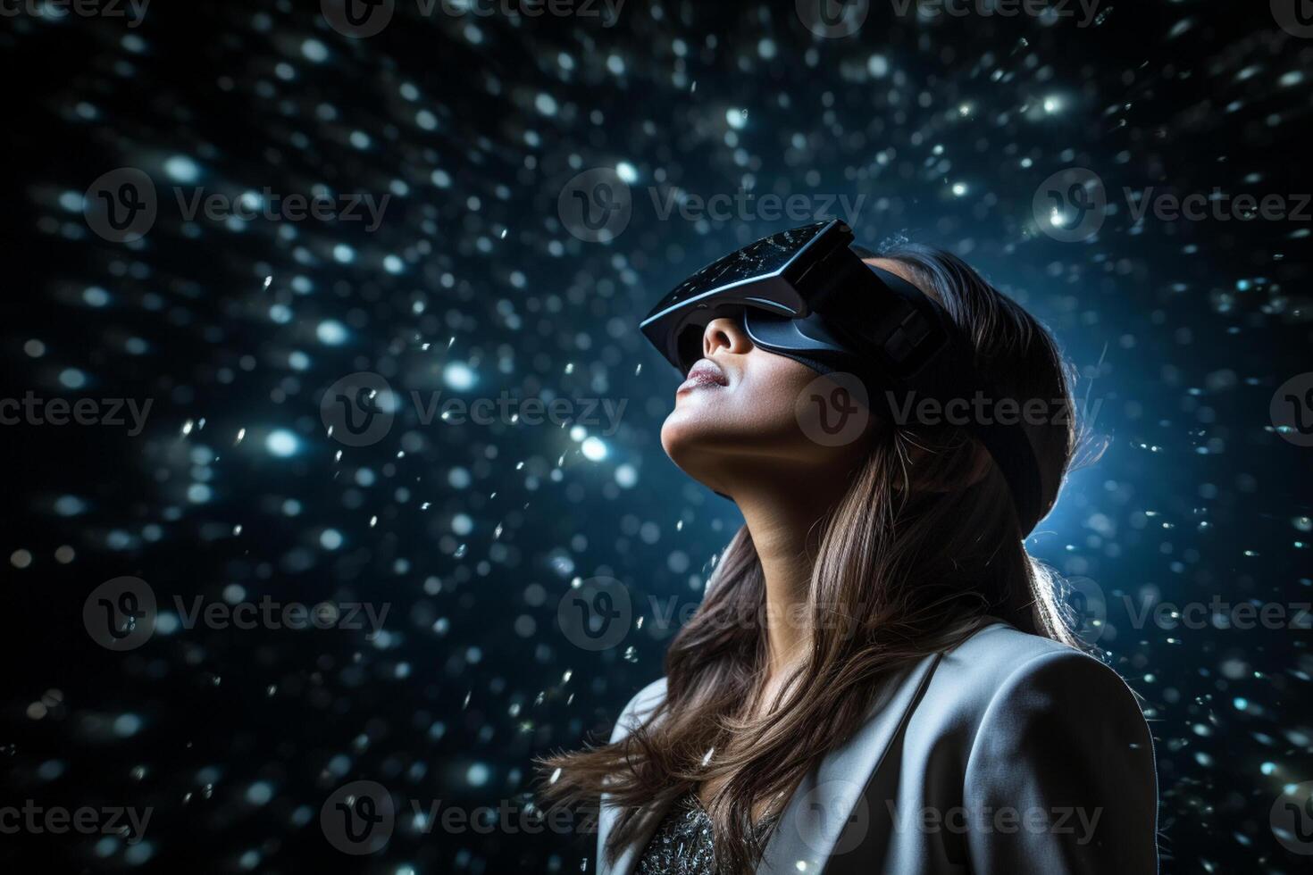AI generated businesswoman wearing vr glasses looking at the night sky star with generative ai photo