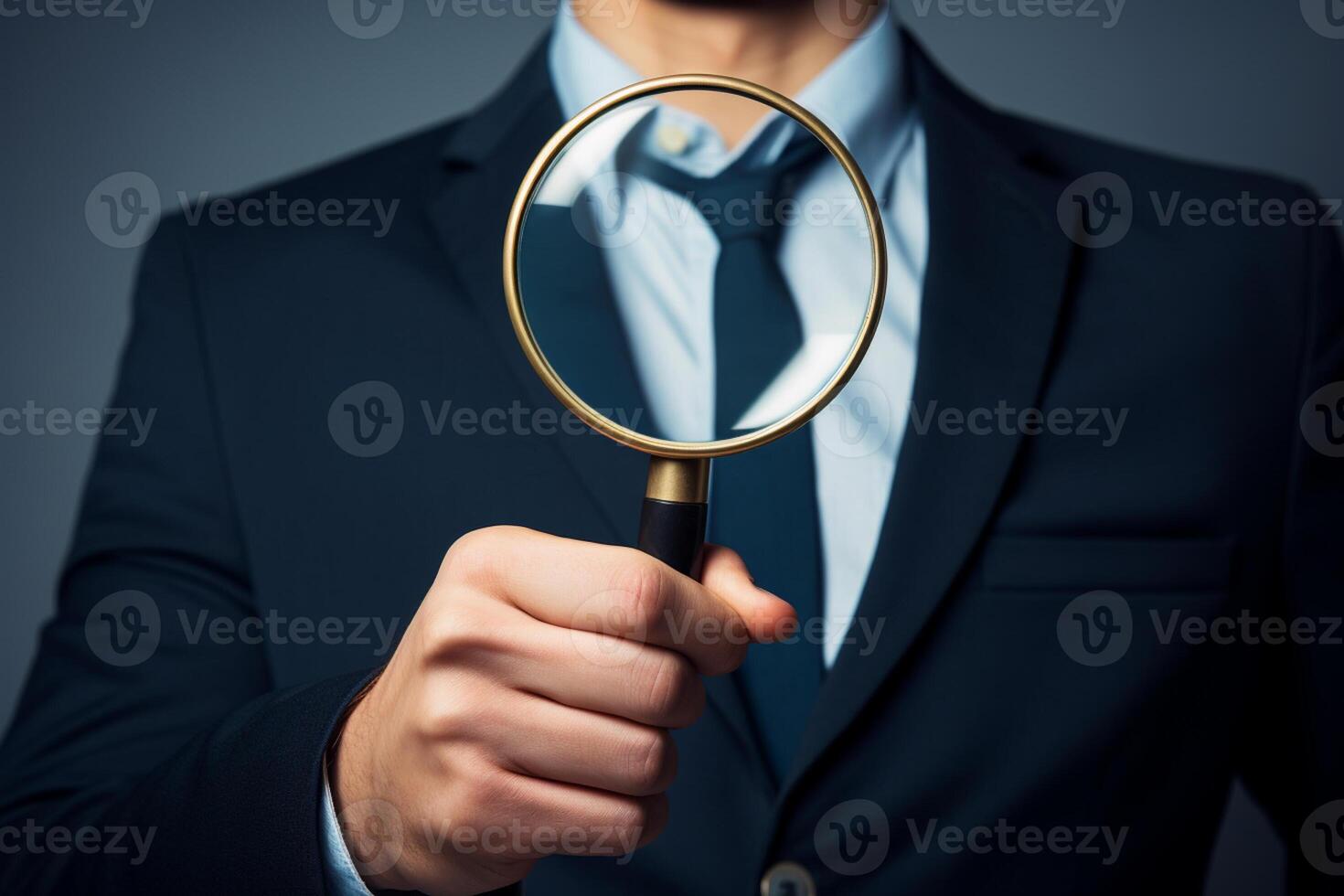 AI generated close up of business man hand holding a magnifying glass with generative ai photo