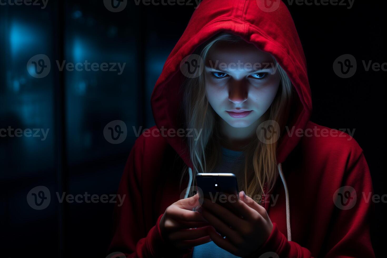 AI generated female hacker hacking from phone with generative ai photo