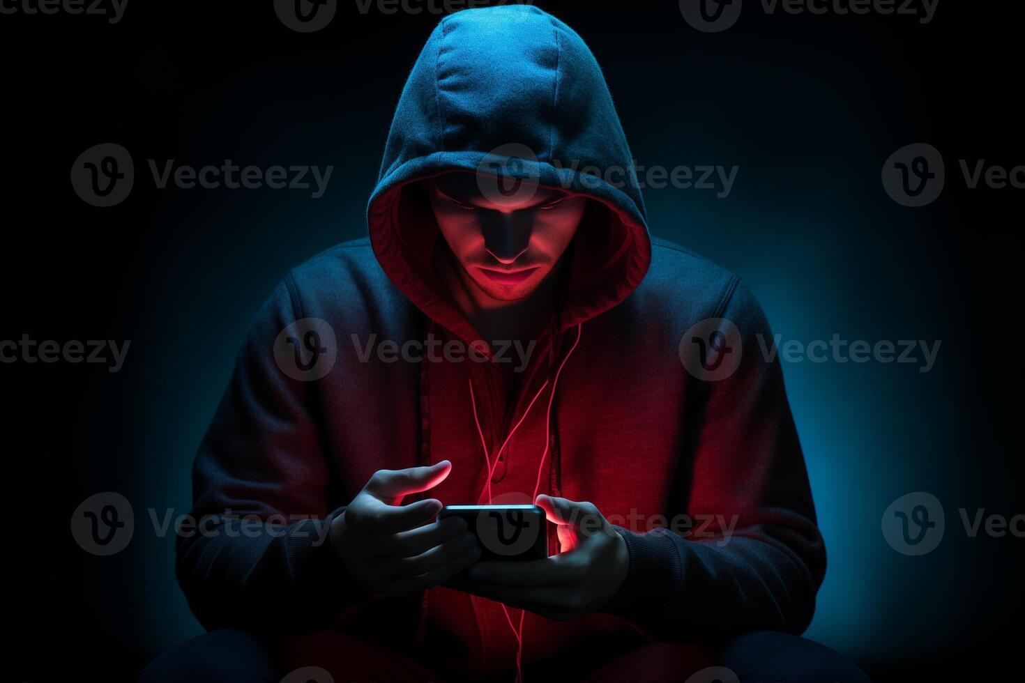 AI generated male hacker hacking from phone with generative ai photo