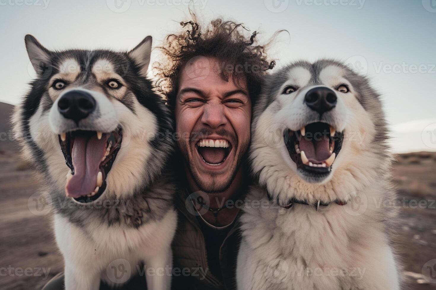 AI generated young man laughing with two huskies dogs with generative ai photo