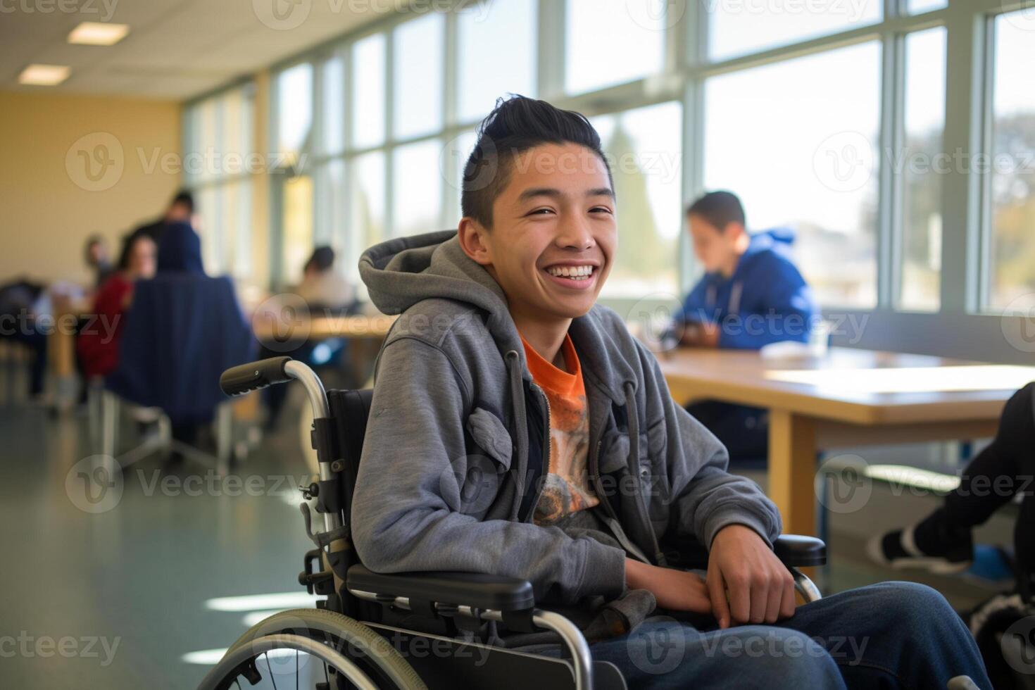 AI generated young disabled boy sitting on wheelchair bokeh style background  with generative ai photo
