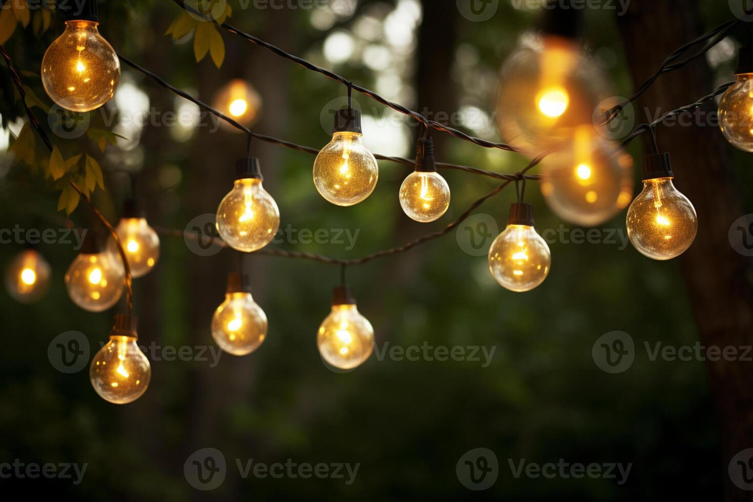 AI generated a string of lights hanging on the tree bokeh style background with generative ai photo