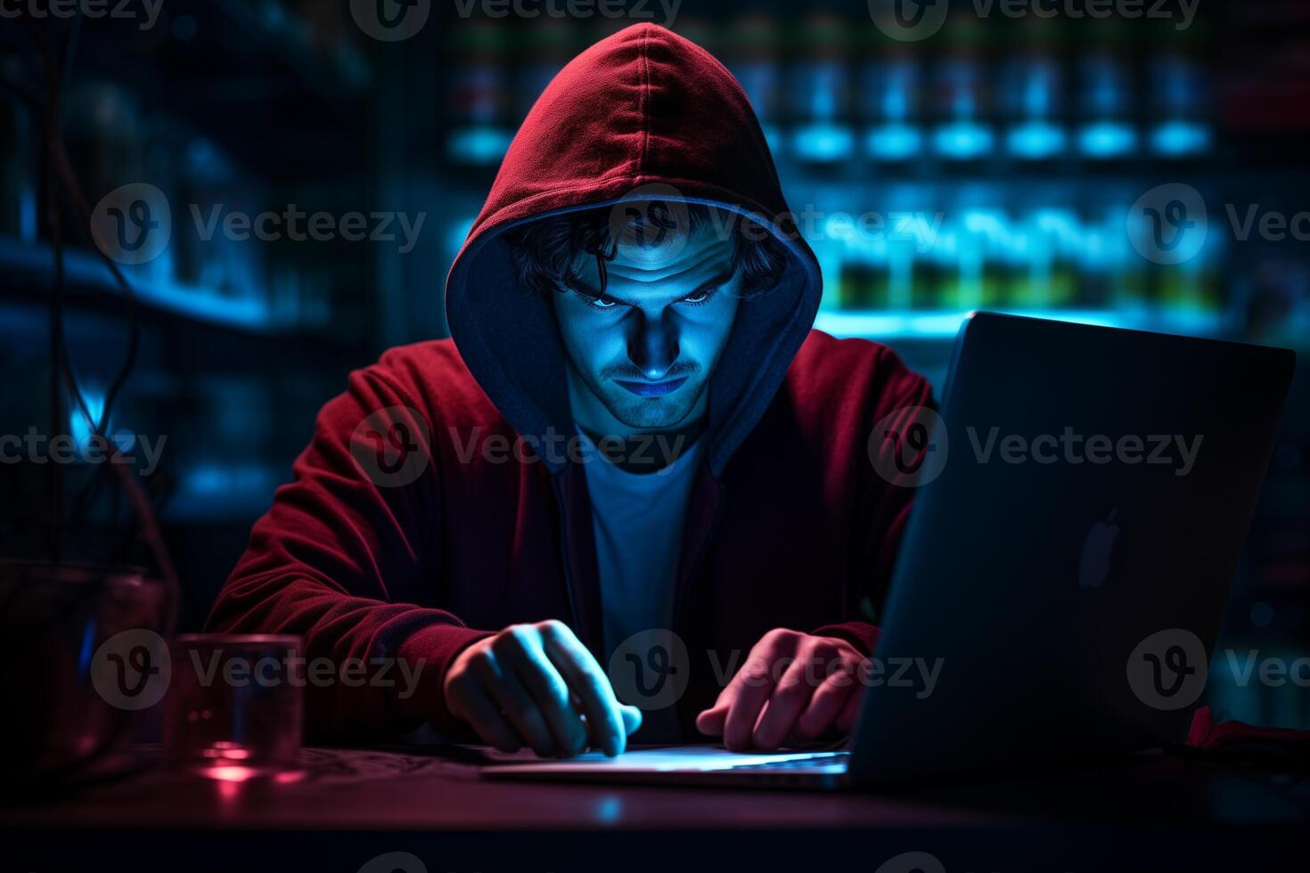 AI generated a male programmer working with laptop in his work room bokeh style background with generative ai photo