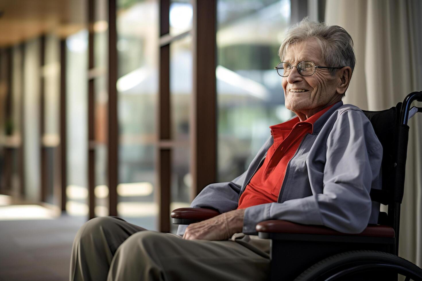 AI generated old disabled man sitting on wheelchair in the nursing home bokeh style background with generative ai photo