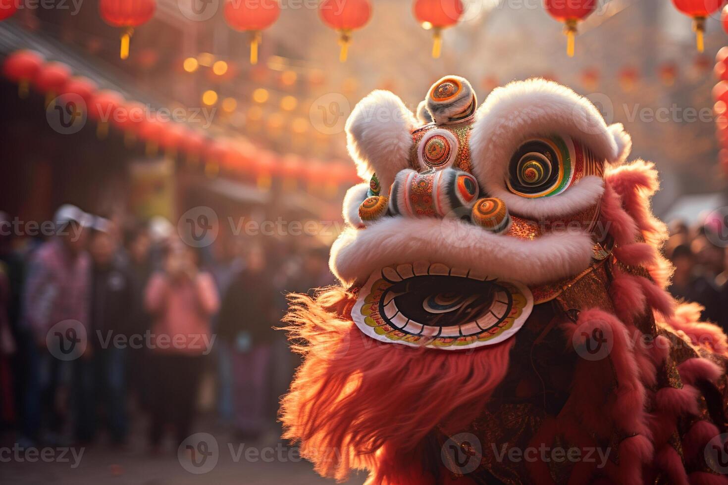 AI generated colourful chinese dragon dance costume in the town bokeh style background with generative ai photo