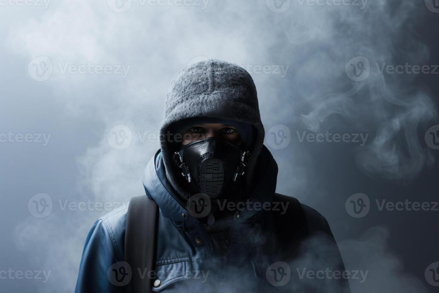 AI generated man wearing a gas mask standing around smoke with generative ai photo