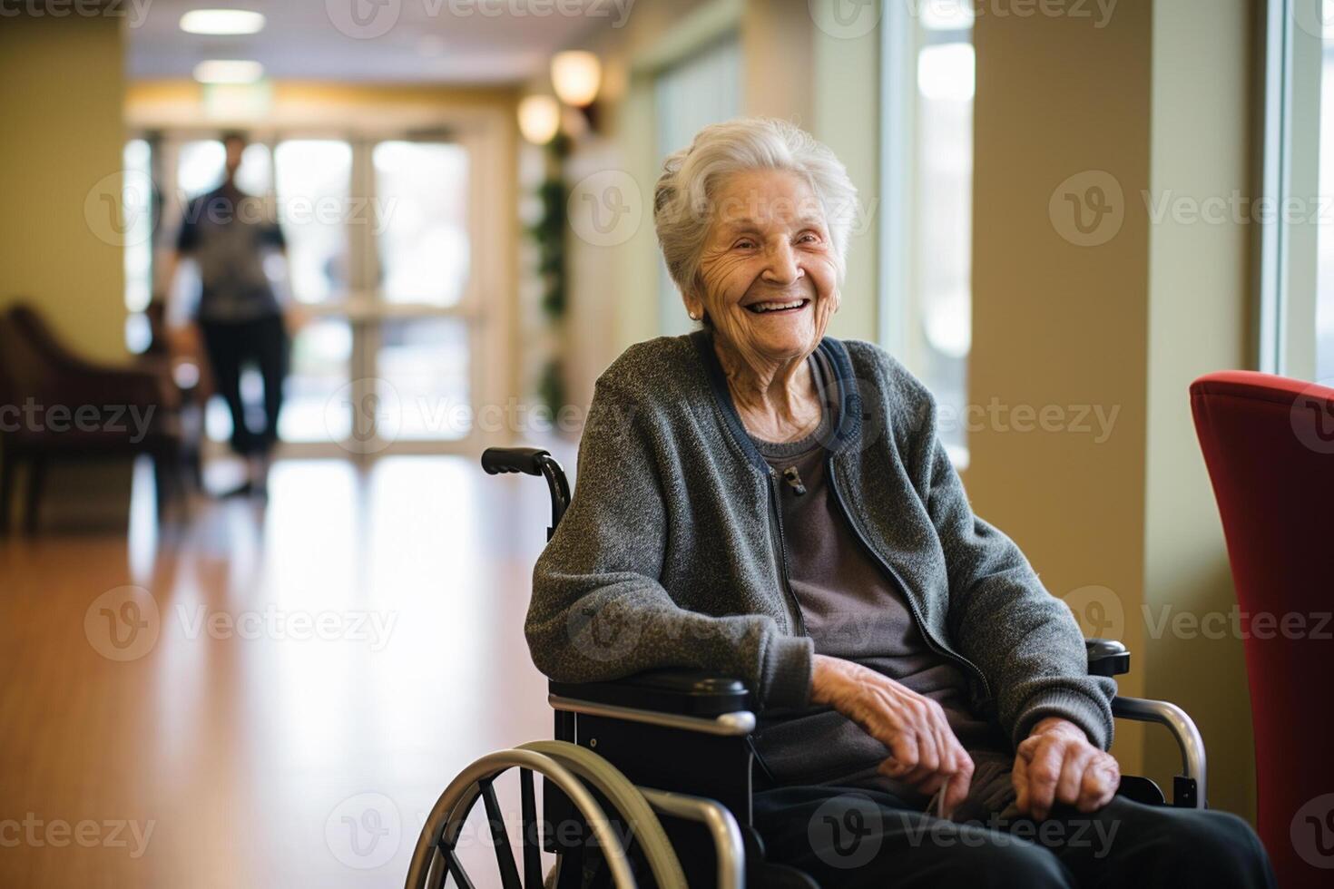 AI generated old disabled woman sitting on wheelchair in the nursing home bokeh style background with generative ai photo