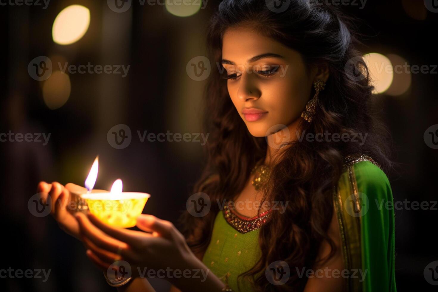 AI generated indian woman holding a candle bokeh style background with generative ai photo