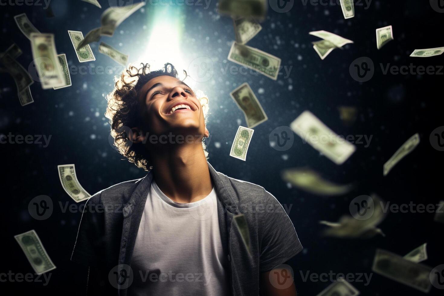 AI generated a happy man with money flying in the air with generative ai photo
