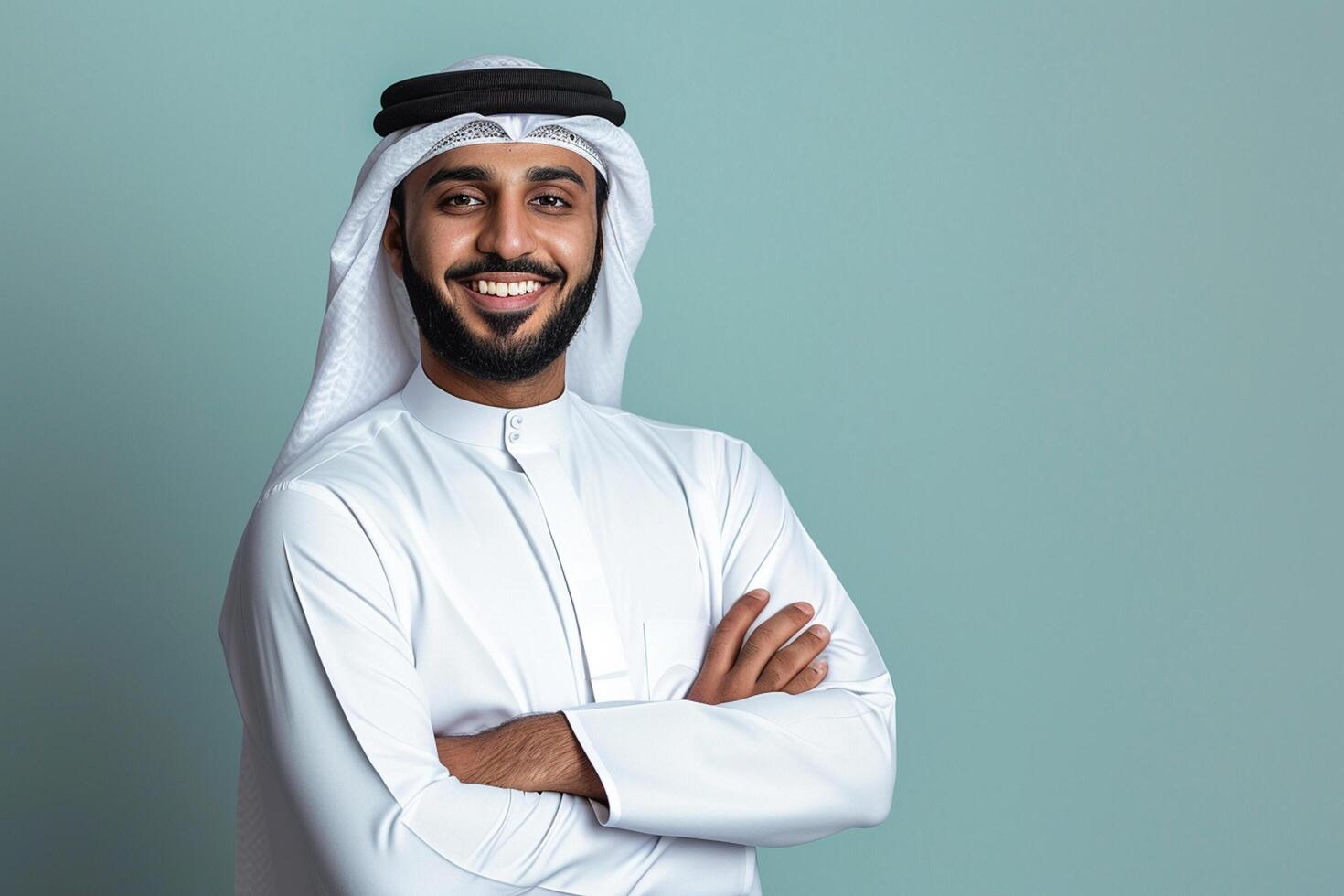 AI generated handsome arabian muslim man wearing white kandura with generative ai photo