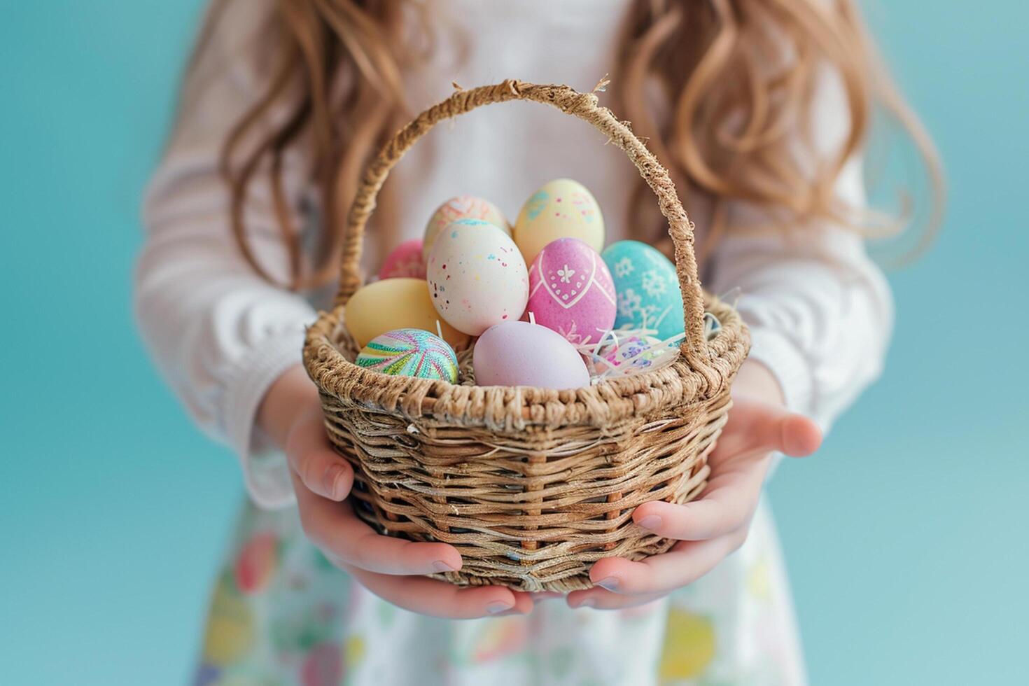 ai generado joven niña mano participación vistoso pastel Pascua de Resurrección huevos cesta con generativo ai foto