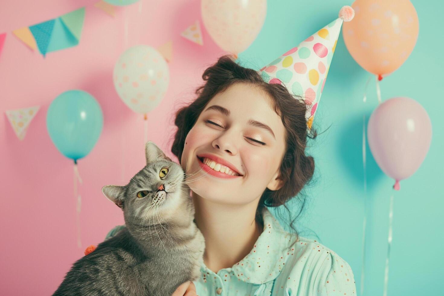 ai generado un mujer celebrando su gato cumpleaños con generativo ai foto