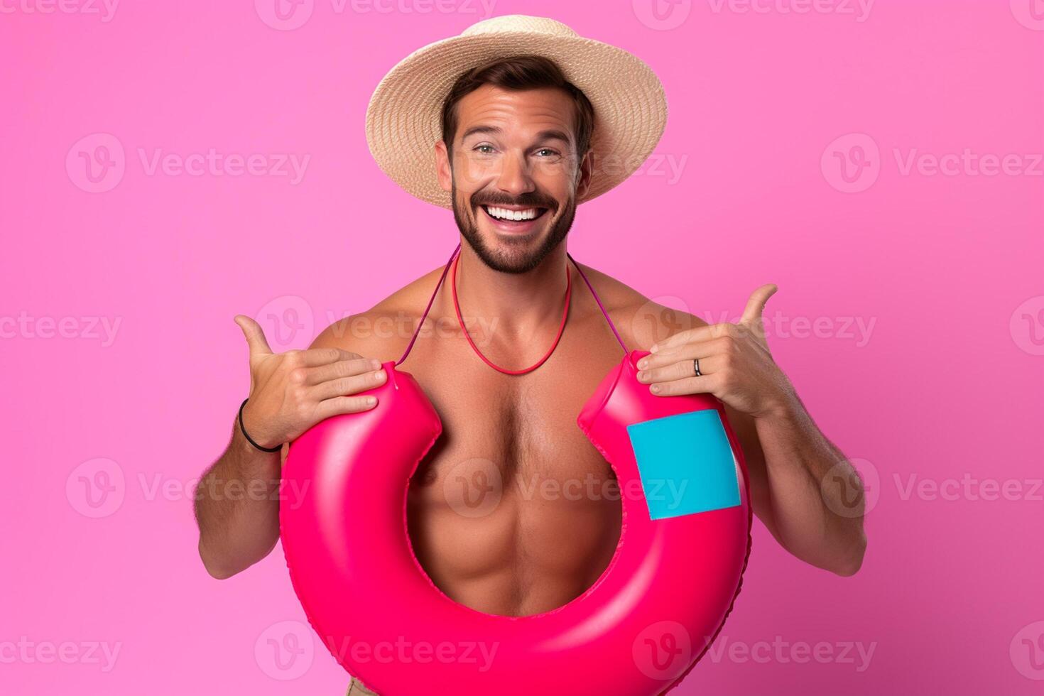 AI generated a happy man holding pink rubber ring with generative ai photo