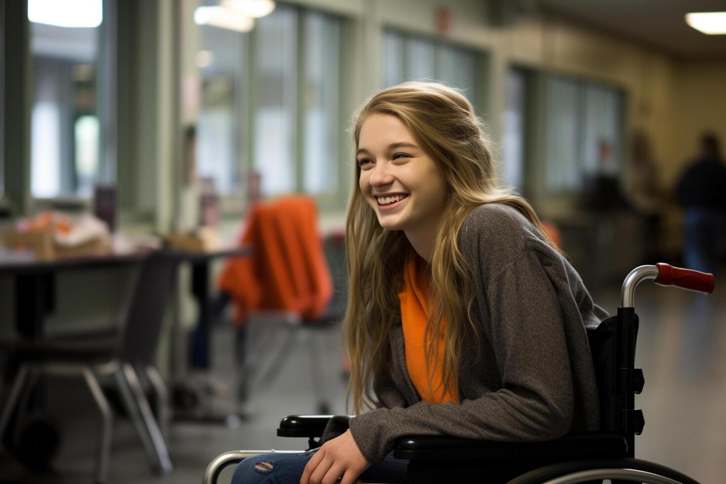 AI generated young disabled girl sitting on wheelchair bokeh style background with generative ai photo