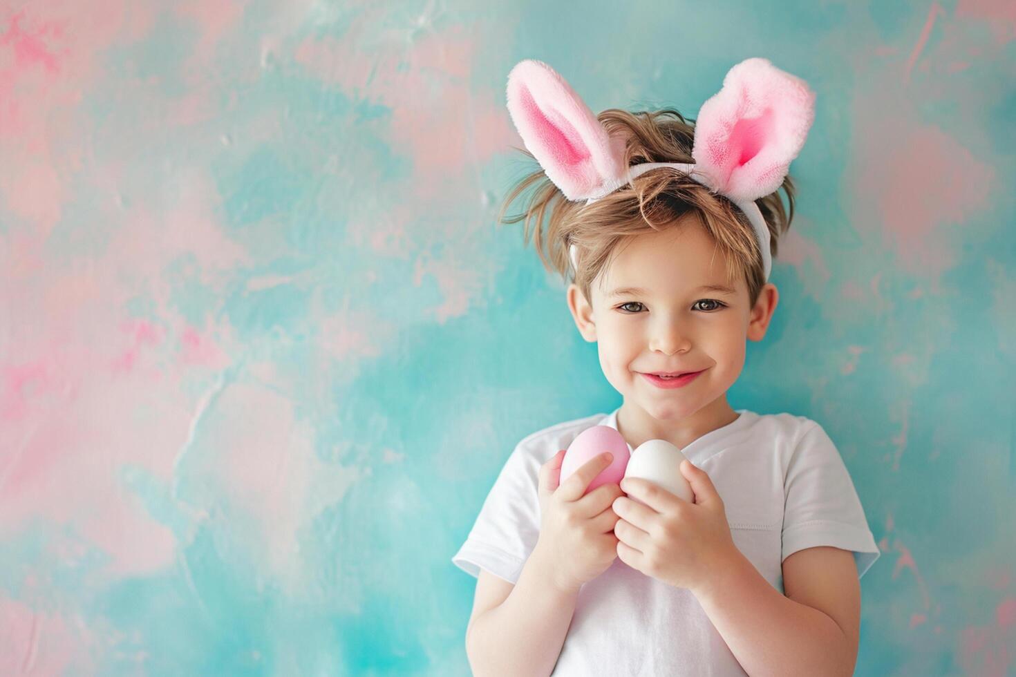 AI generated young boy kid holding colorful pastel easter eggs with generative ai photo